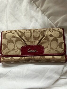 Coach Signature Canvas Continental Wallet in Khaki and Red